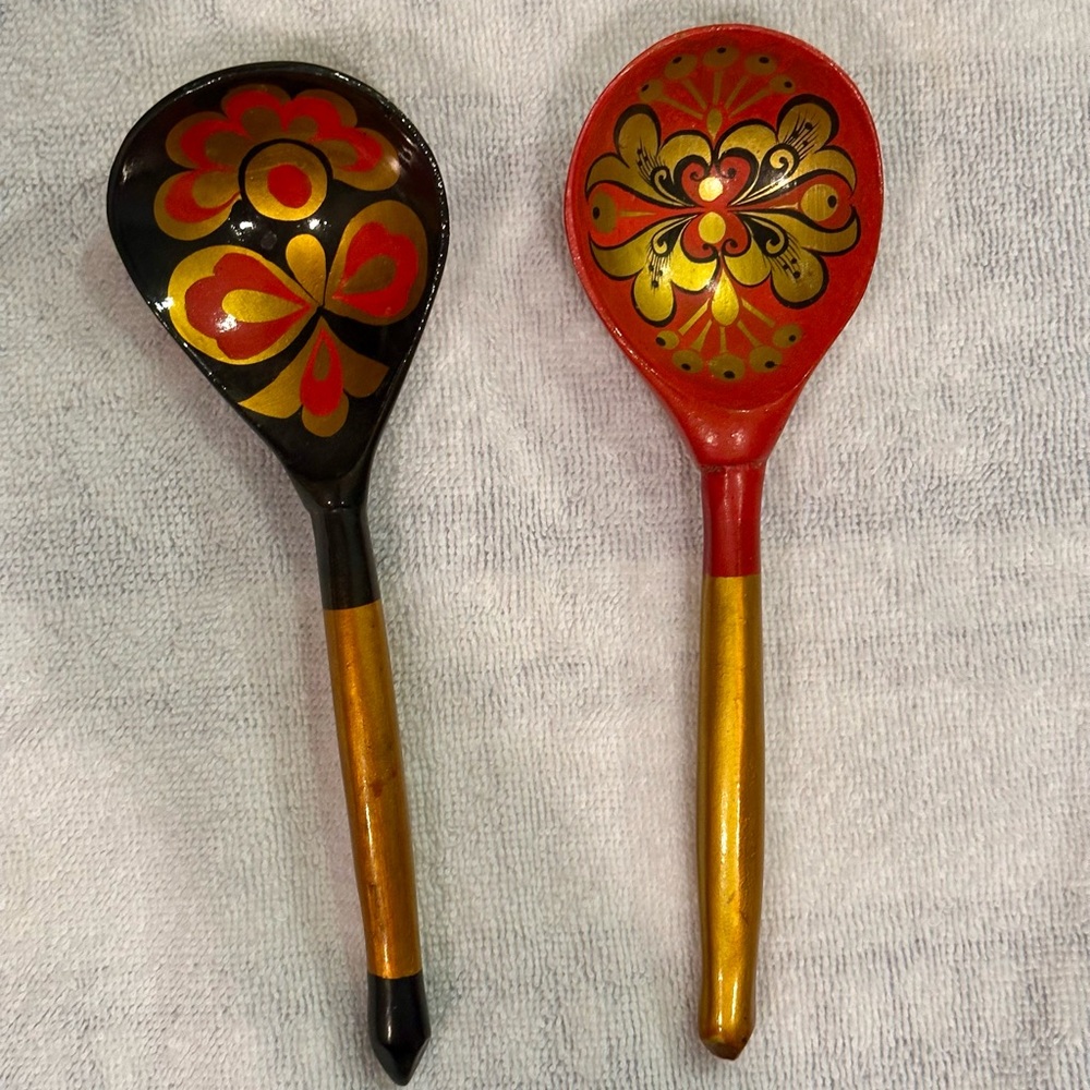 Traditional Russian Khokhloma Hand-Painted Wooden Spoons